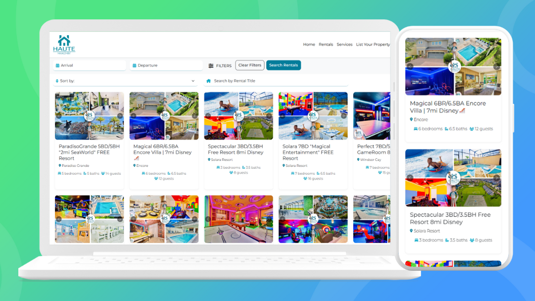 Vacation rental website search results on desktop and mobile with property cards and filters