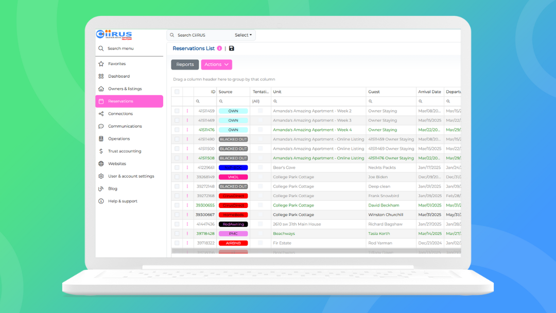 CiiRUS reservations list screen showing bookings, channels, guests, and arrival dates