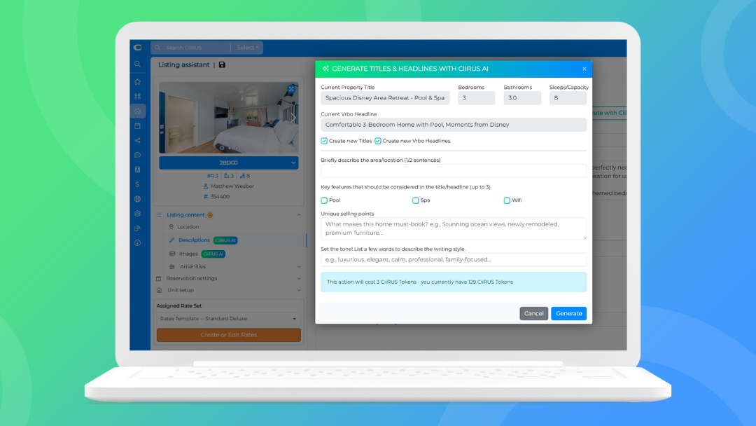 CiiRUS listing assistant with AI title and headline generator for vacation rental property descriptions
